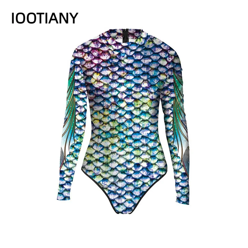 IOOTIANY New 3D Printing Mermaid Scales One Piece Long Sleeve Swimwear Bodysuit Costume Mermaid Swimsuit For Adult Women 2024