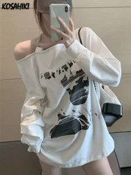 KOSAHIKI Cargo Girl Off Shoulder Hoodies Women Printed Casual Y2k Sweatshirt 2024 Spring Korean Long Sleeve Top Sudaderas