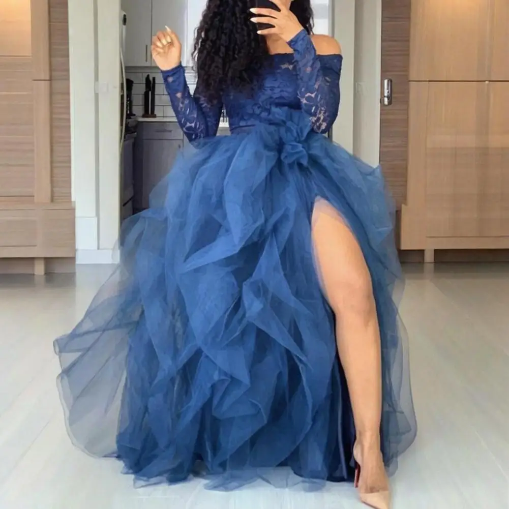 

Long Skirt Elegant Women's Tulle Skirt with High Waist Irregular Split Hem Ankle-length Skirt for Work Leisure Wear Ankle-length