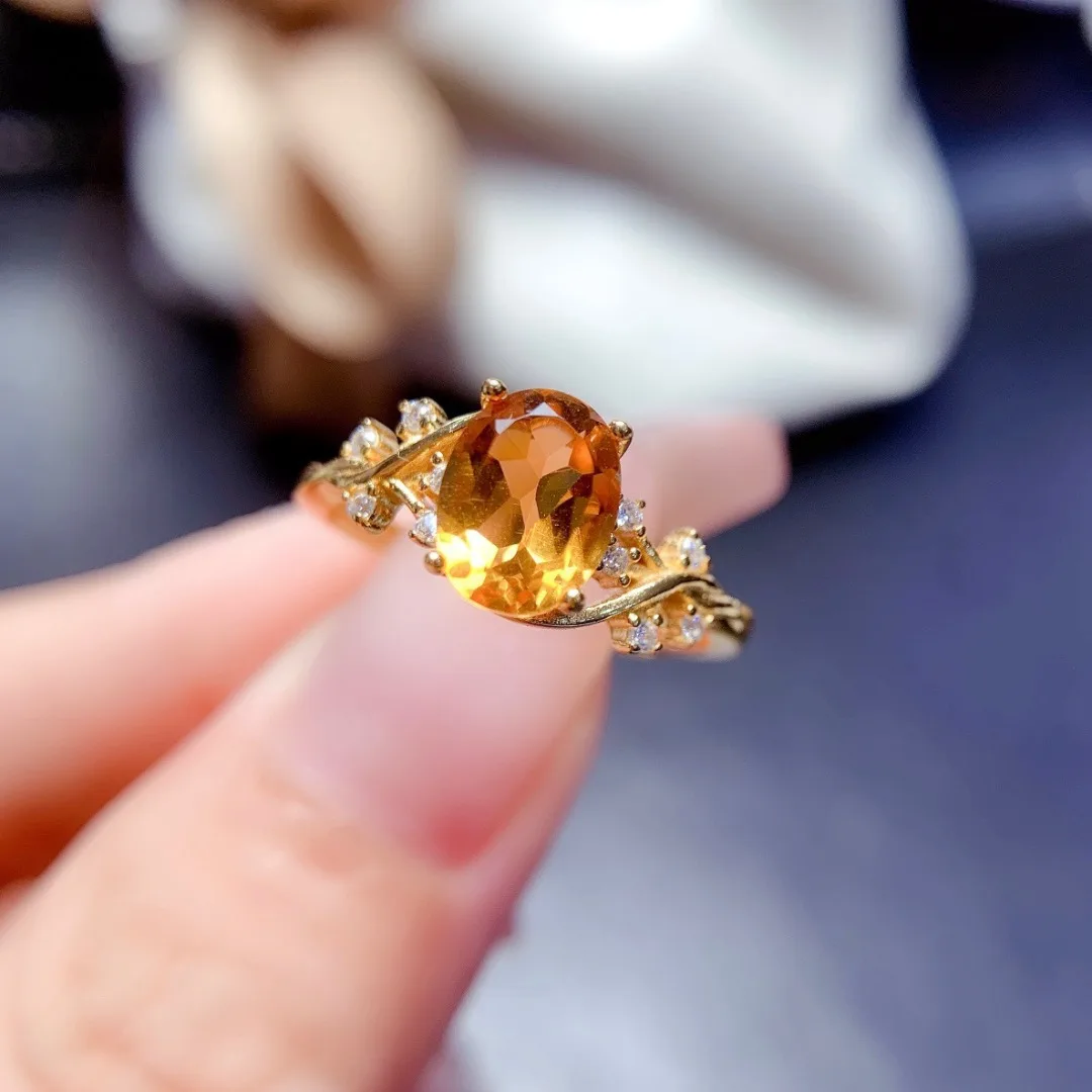 S925 Pure Silver Natural Brazilian Citrine Ring Women's Fashion Simple Oval 6*8mm