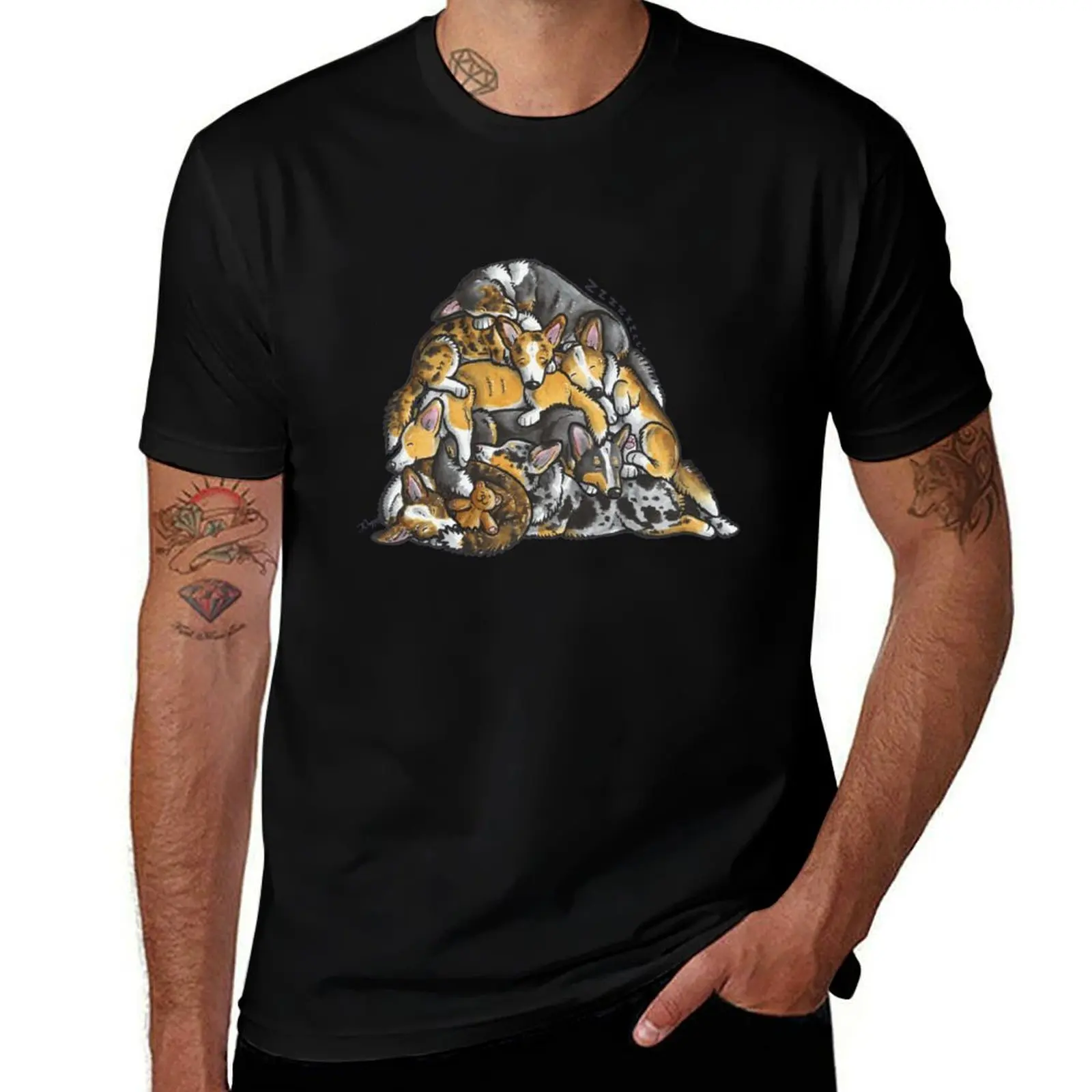 Sleeping pile of Cardigan Welsh Corgi dogs T-Shirt Creative Graphic Tee Shirt T-Shirt