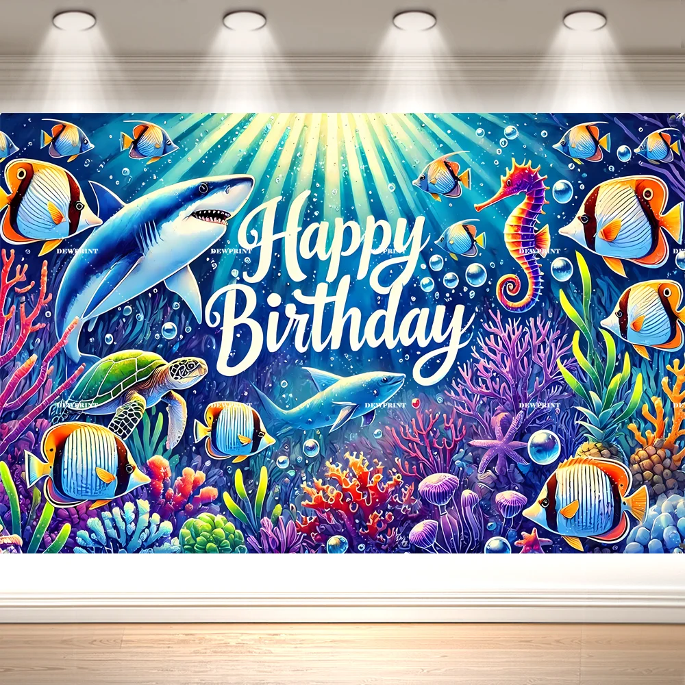 Dewprint Cartoon Underwater Ocean Birthday Backdrop Diver Whale Coral Fish Dolphin Kids Birthday Party Banner Decor Supplies