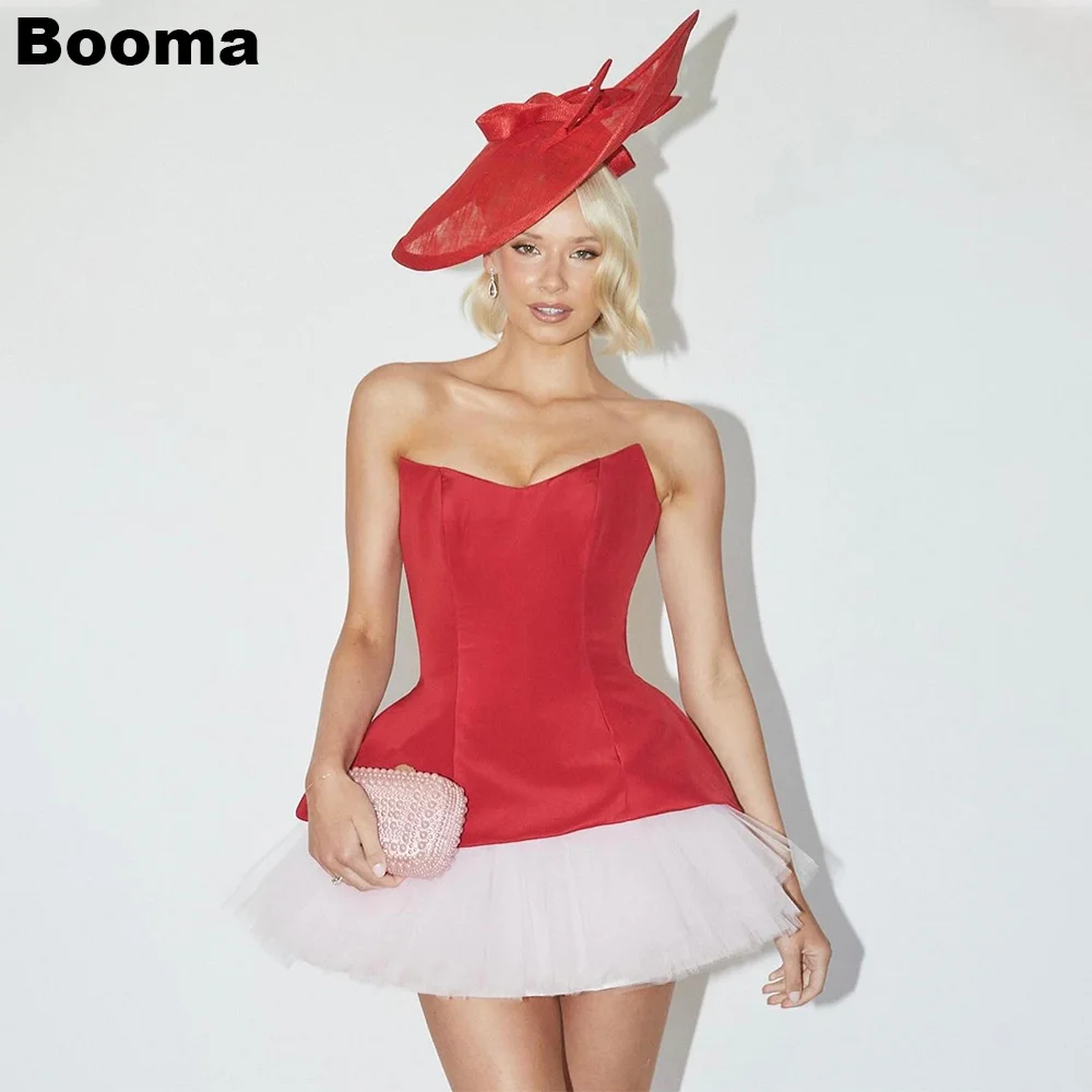 

Booma Red and White Mini Prom Dress Strapless Sleeveless Short Birthday Party Gowns Stain Tulle Special Occasion Dress for Women