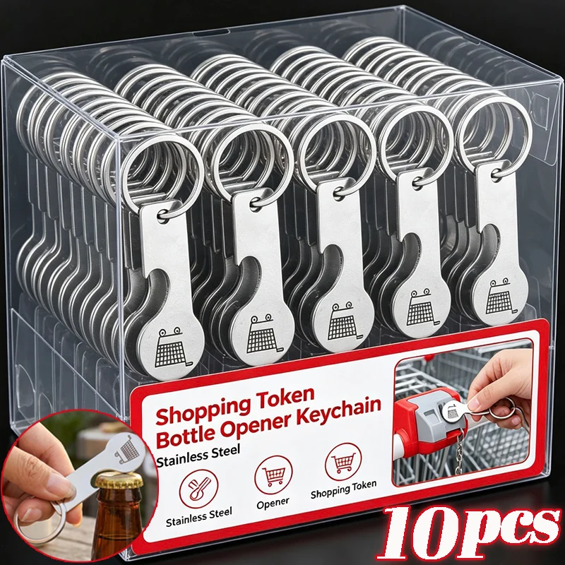 Chaveiro Multifuncional Portátil com Moeda Metálica para Carrinho de Compras de Supermercado, Fecho Lagosta e Abridor de Garrafas