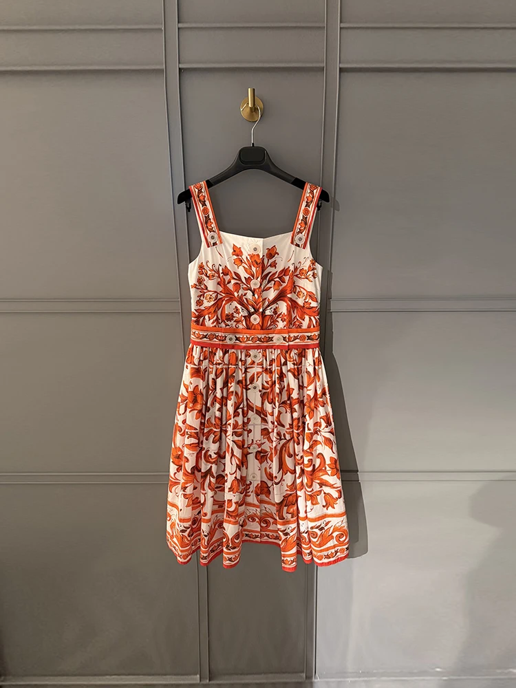 Spring Summer Fashion Vintage Pattern Print Cotton Knee Length Dress Women's Spaghetti Strap Button High Waist A-Line Dress