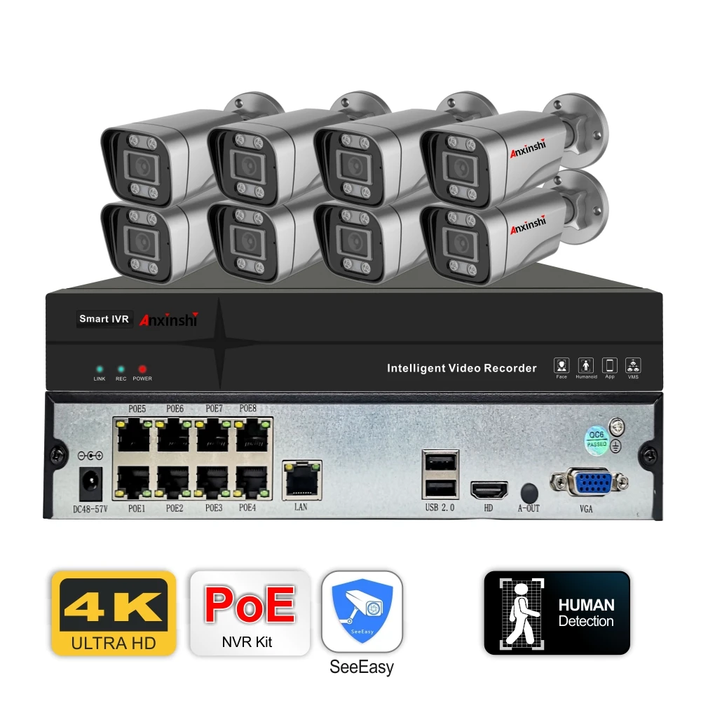 

H.265 Video Surveillance 8MP 4K IP POE Camera System NVR Kit Face Detection Security CCTV Camera Set Waterproof Metal Case