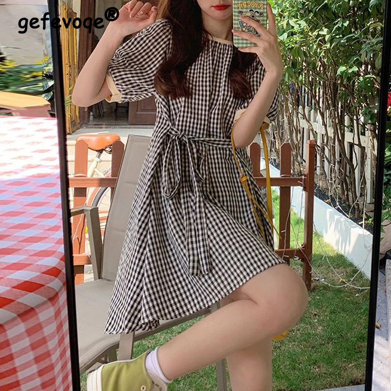 Women Vintage Plaid Print Lace Up Sweet Kawaii Y2K Mini Dress 2024 Summer Female Trendy Casual Short Sleeve Loose Beach Dresses