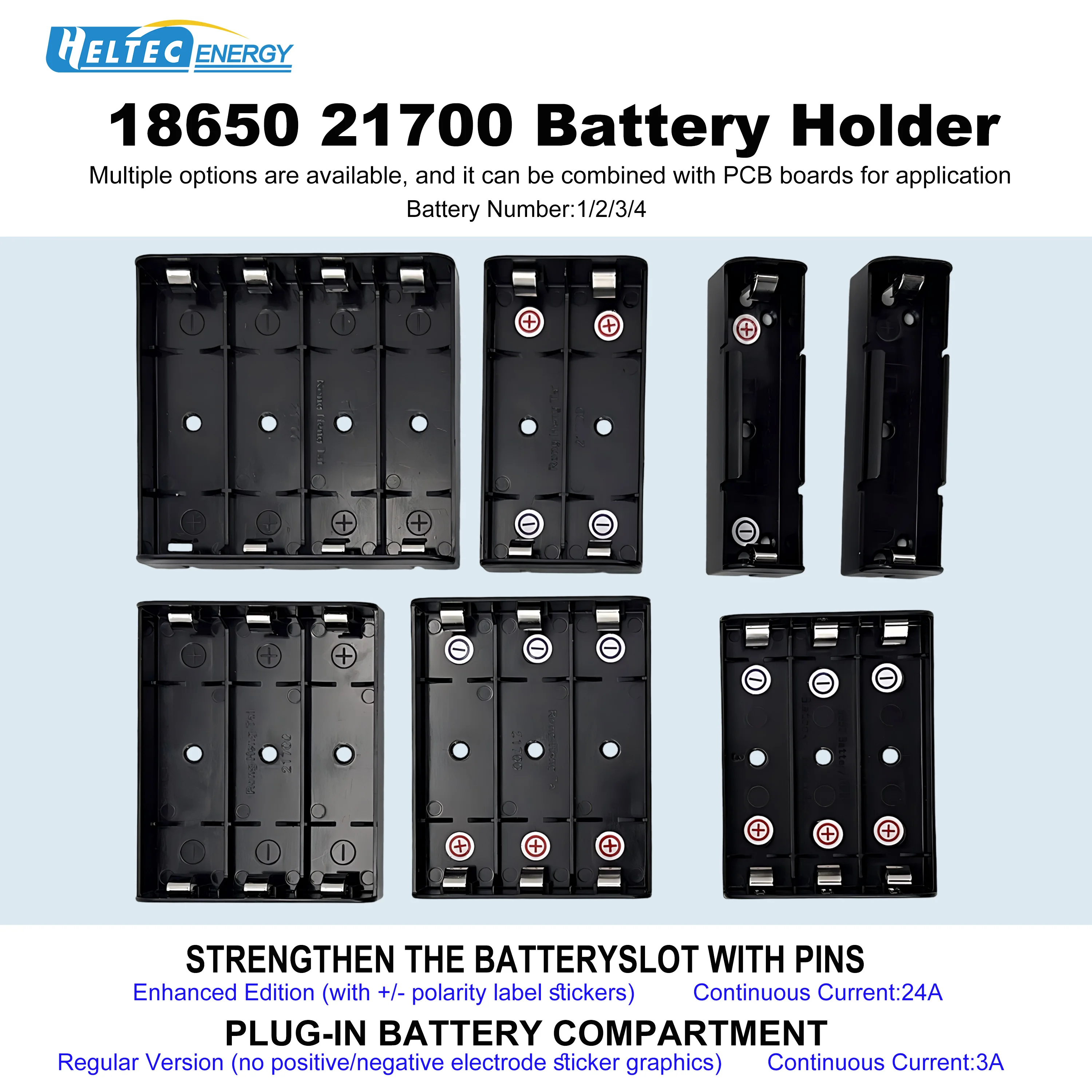 Heltec Enhanced Pin-Type Plug-in Battery Holder for 18650/21700, 1-4S, 3A/24A - Suitable for DIY Modifications, PCB Assembly etc