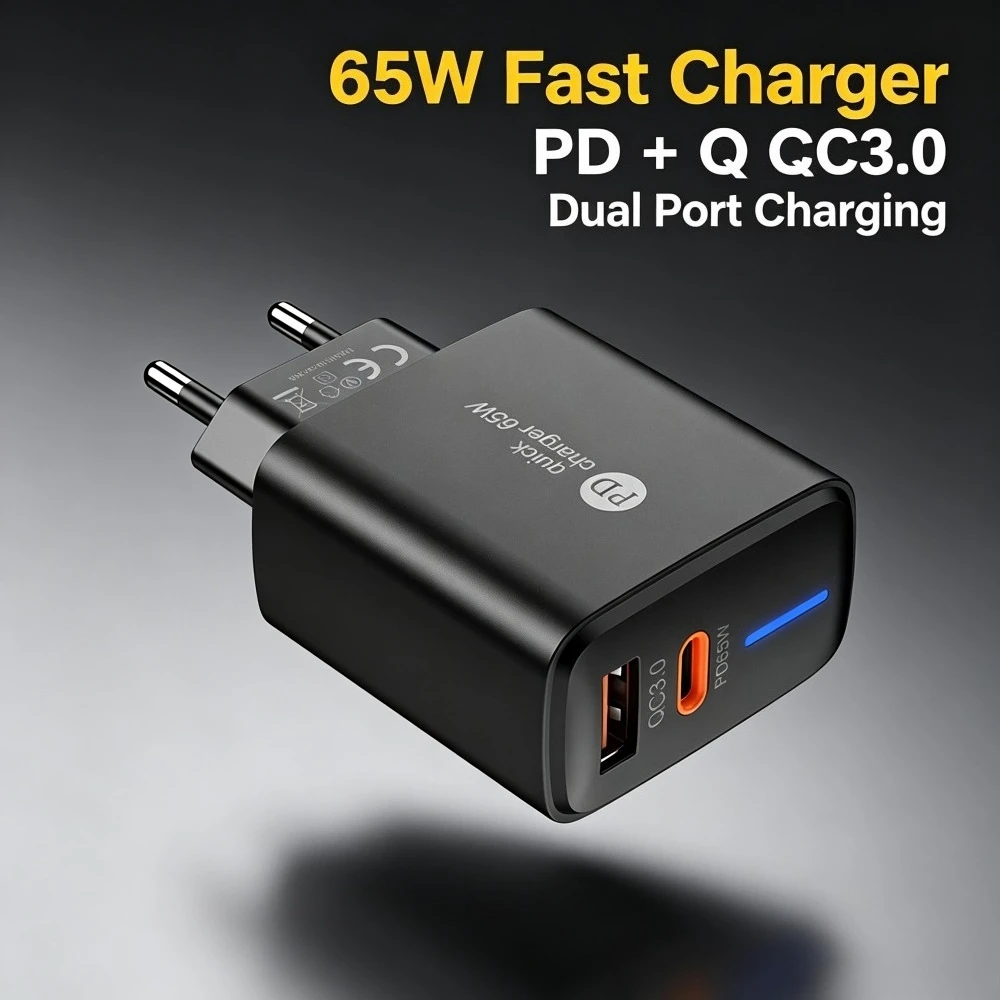 Total 65W PD Fast Charging Charger USB-A and USB C Dual Ports Adapter For  iPhone Huawei Samsung Xiaomi Quick Charger EU/US/UK