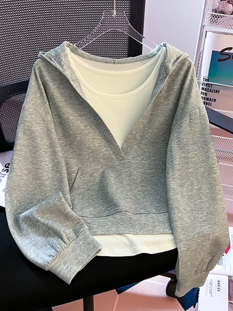 Pure Cotton White Strap Vest Hooded V-Ne Sweatirt Two-Piece Set Women Spring Autumn Top Original Design Loose Fit Long Sl...