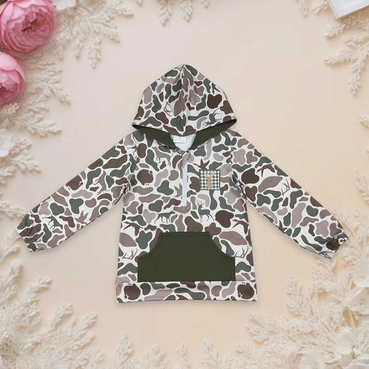 

Одежда для маленьких мальчиков, детские толстовки, толстовки с капюшоном для собак, уток, камуфляжная вышивка с оленем, пуловер с длинными рукавами и карманами на молнии, толстовка, одежда для мальчиков