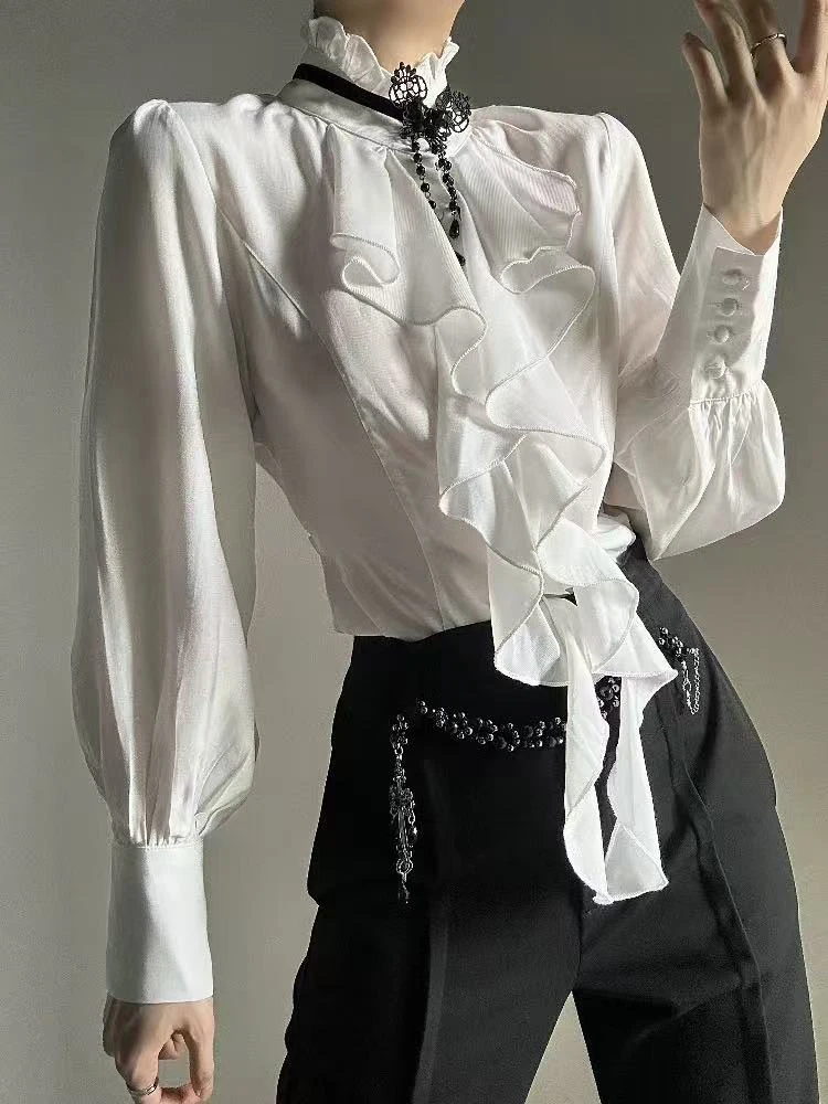 Japanese Gothic Patchwork Shirts Women Y2K Harajuku Stand Collar Ruffles Splicing Blouses Loose Streetwear Long Sleeve Tops New