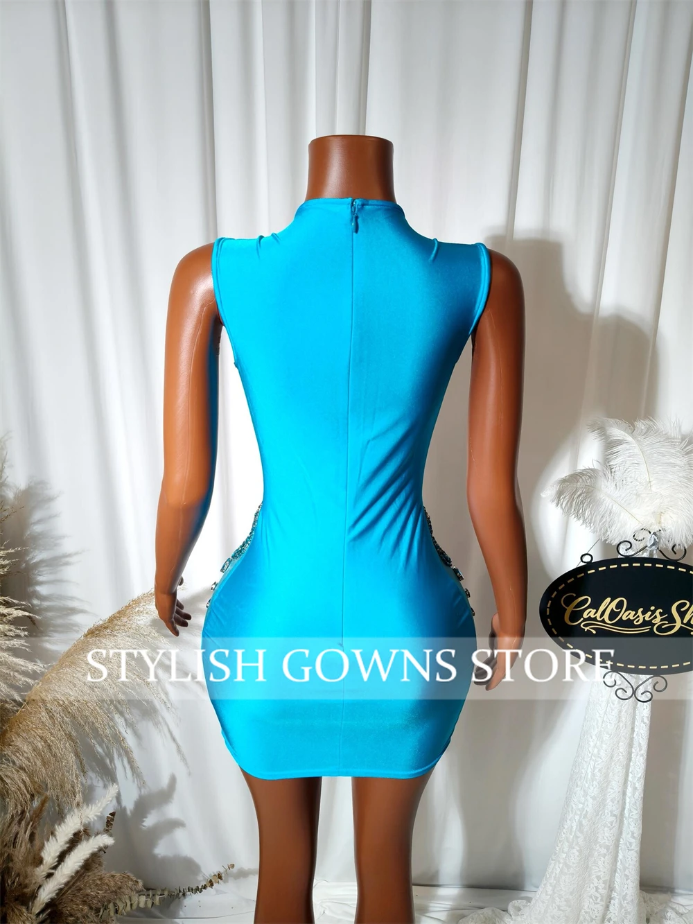 Shinny Blue Rhinestone Prom Dresses For Women O-neck Sparkly Black Girl Birthday Outfits Sheer Neck Short Party Dress Customized