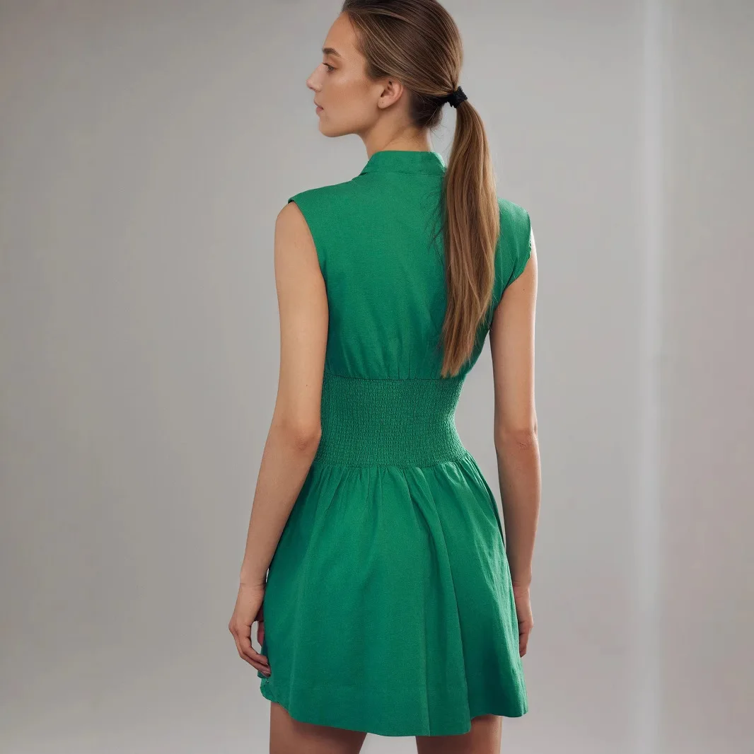 2025 Summer New Fashion V-neck Zipper Open Women Dress Simple Solid Color Female Sleeveless Dresses