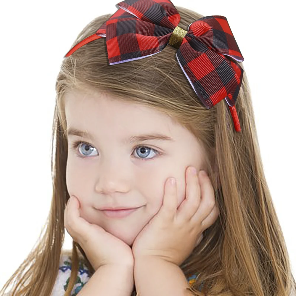 Girls Elegant Plaid Bow Headband Red & Black Ribbon With Glittery Golden Accents Hair Hoop Children Daily Party Hair Accessories