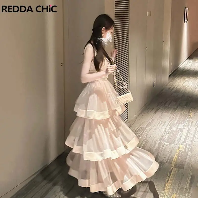 REDDACHiC Women Ruffle Tiered Lolita Dress Princess Satin V-Neck Cinched Waist Lace Stitch Midi Long Cake Dress Birthday Costume