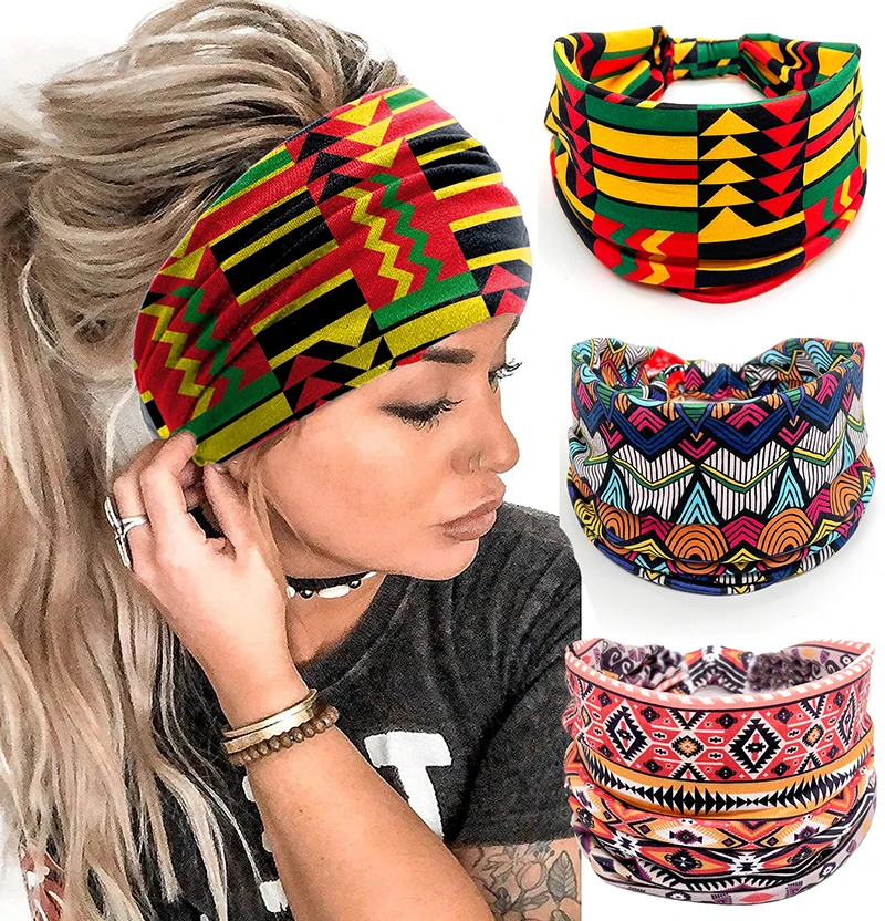 Cotton Stretch Headband African Pattern Print Twist Style Elastic Hair Band Wide Hairbands Bandana Turban Knot Headwrap DIY