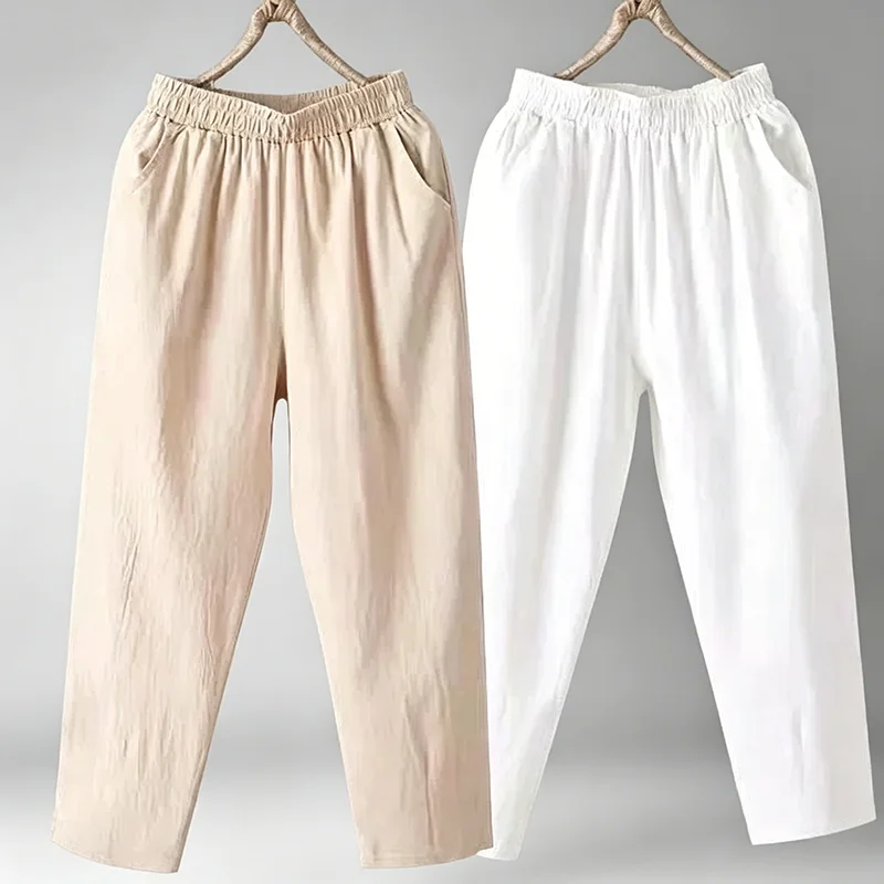 Women Cotton Linen Harem Pants Elastic High Waist Loose Pockets Ankle Length Carrot Trousers Casual Solid Color Slim Fit Nine Po