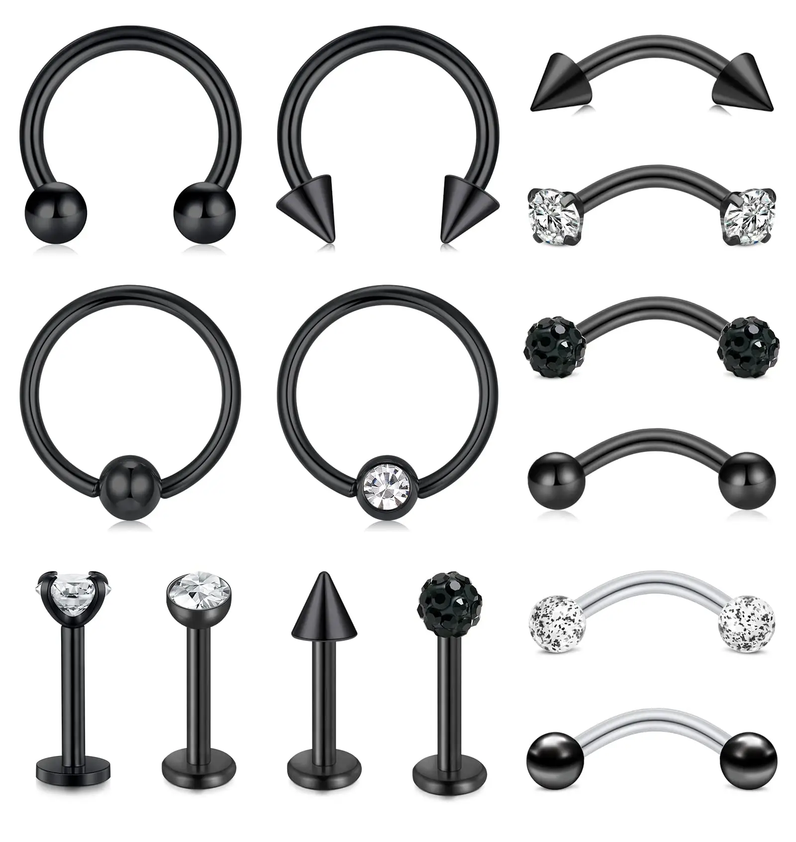 1-14 Uds. 16G labio negro uñas nariz anillos pendientes en espiral cartílago curvo barra ceja anillos herradura en forma de joyería para el cuerpo