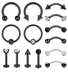 1-14 PCS 16G Black Lip Nail Nose Rings Spiral Earrings Cartilage Curved Barbell Eyebrow Rings Horseshoe Shaped Body Jewelry Set