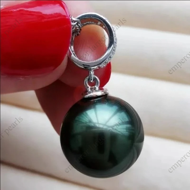Huge 13-14mm Natural Sea Genuine Black Black Round Pearl Necklace Pendant
