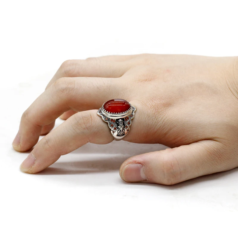 خاتم فضة Türkiye S925 فضة الطبيعية الأحمر العقيق الرجال خاتم البتلة خطوة تصميم قسط مجوهرات ريترو فاخر شريك هدية المرأة