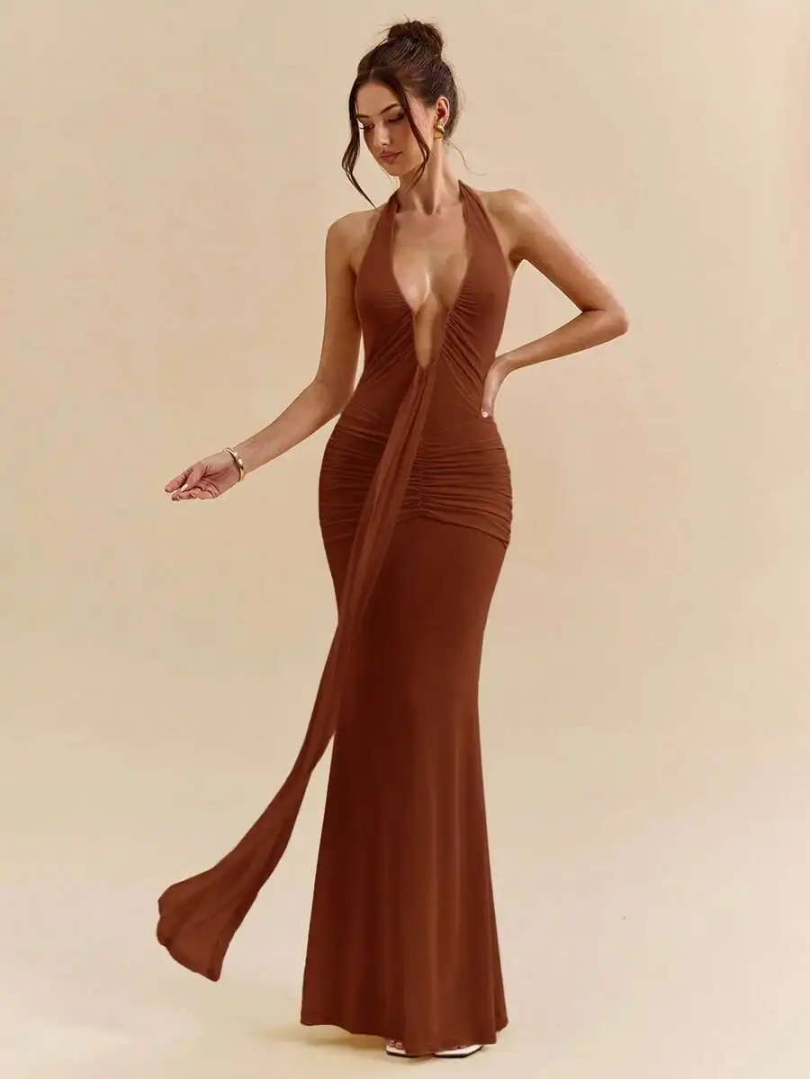 

Elegant Deep V-Neck Halter Maxi Dress For Women Spring Summer