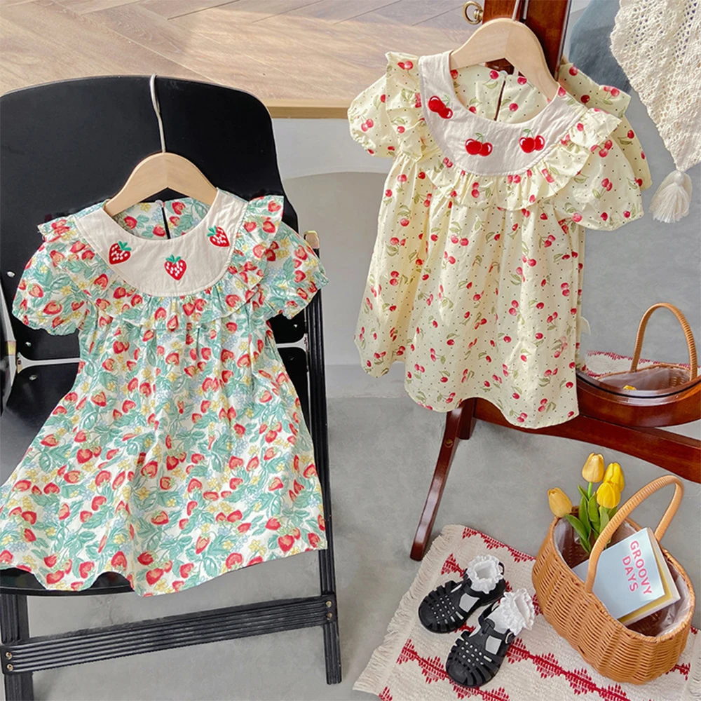 Girls Strawberry Embroidery Dresses New Summer Short Sleeves Cherry Print Princess Dress for Kids Casual Clothing 2-7 Years