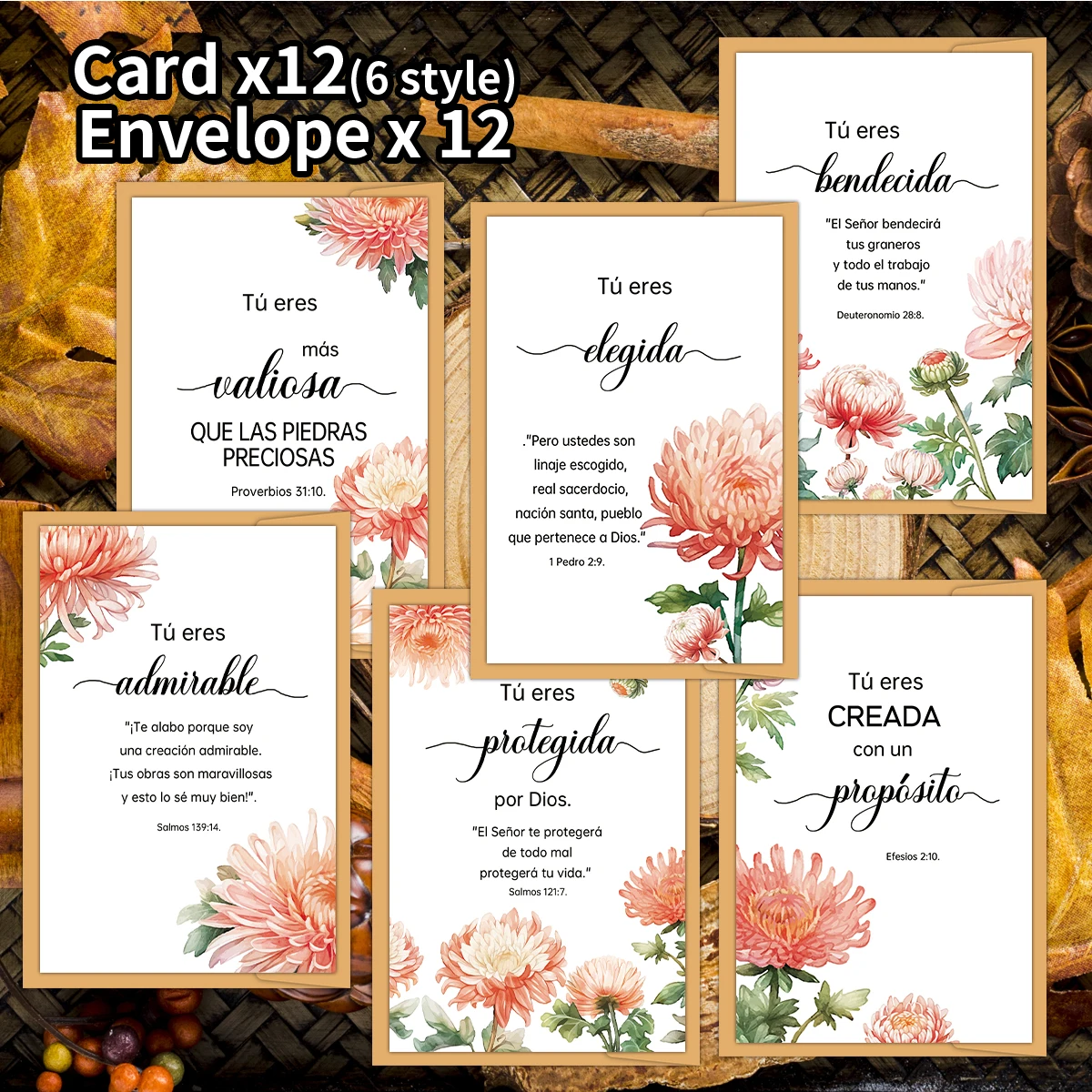 12 Stück Spanisches Blumenmuster, inspirierte Bibelvers-Grußkarten mit Umschlag für Muttertag, Hochzeiten, Geburtstag, Glückwunsch