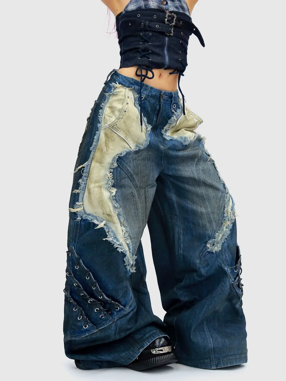 American Patchwork Denim Wide-leg Pants Frayed Edges Straps Workwear Ripped Jeans Alternative Harajuku Fashion Streetwear Blue