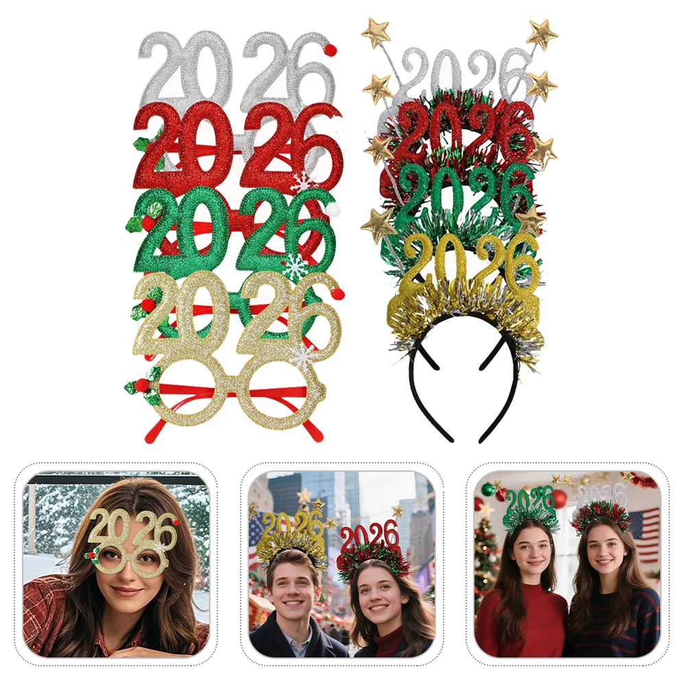 

Glitter Party Hairband 2026 New Year Head Bopper Set Festive Eyeglasses Frames Photo Props for Happy New Year Eve Celebrations