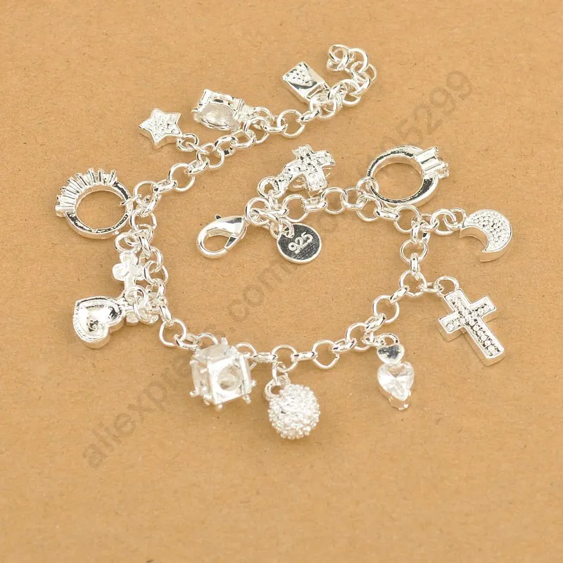 Exquisite Real 925 Sterling Silver Charm Pendants For Woman Bracelet With Cross Moon Heart Clock Female Fashion Jewelry