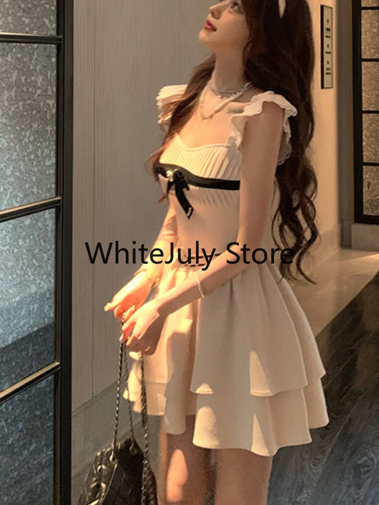 2023 Summer Bow Elegant Fairy Short Party Dress Women One Piece Dress Korean Fashion French Sleeveless Y2k Mini Strap Dress