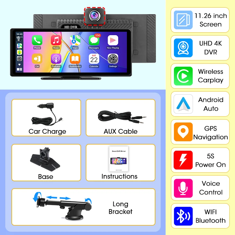 Develuck 新しい 11.26 インチ 4K 車 DVR ワイヤレス CarPlay Android
