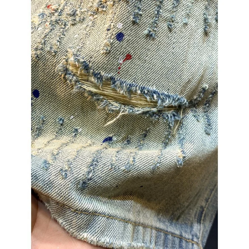 Summer Thin Vintage Washed And Scraped Denim Shorts With A Trendy Men'S Signature Straight Cut And Slim Fitting Ripped  Jeans