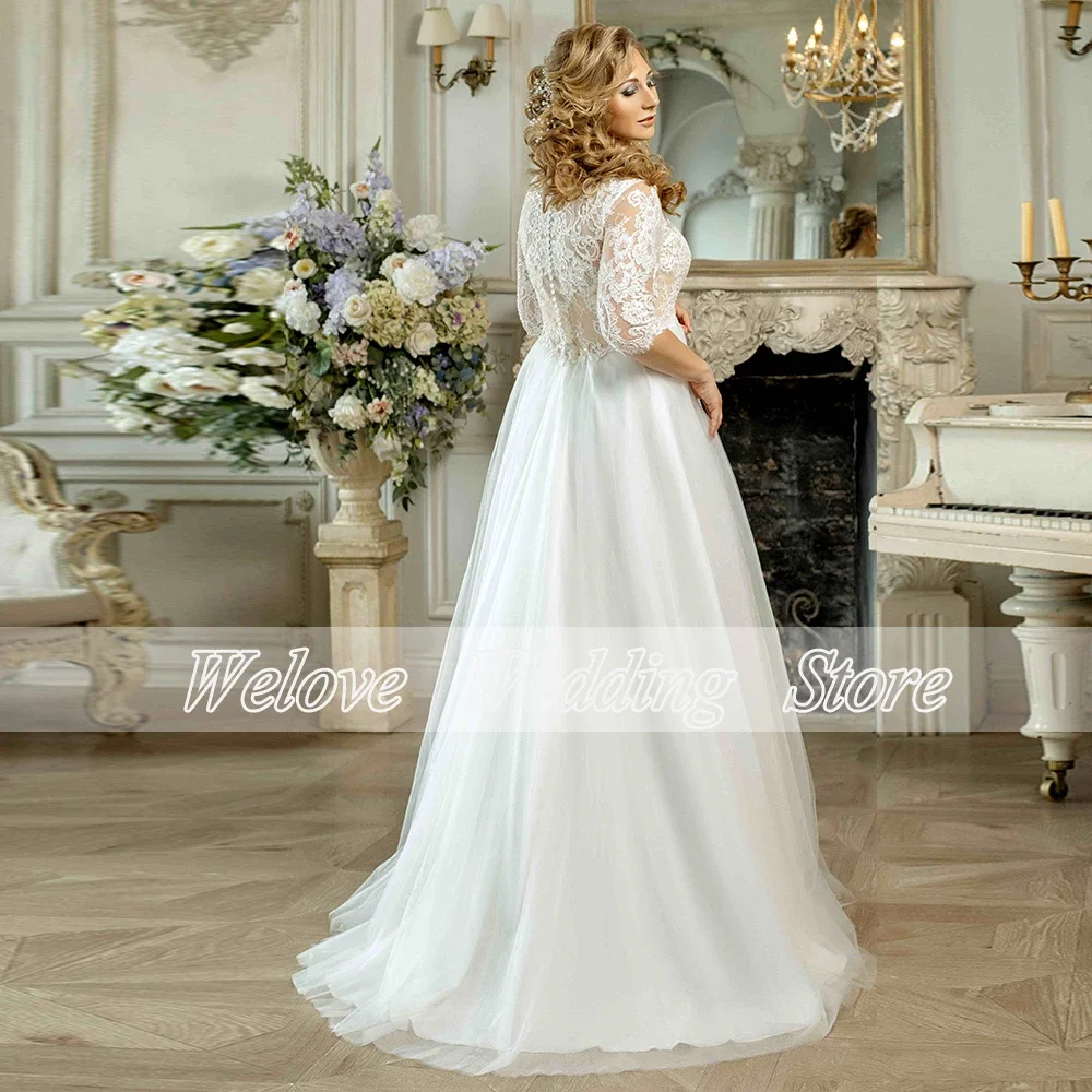 Wedding Dress For Woman Plus Size Tulle Bridal Gown With Half Sleeve Floor Length A Line Lace Simple Vestido De Novia Cheap 2024