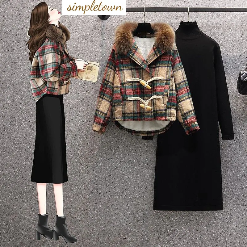 

Fashion Women's Set 2023 Autumn/Winter New Korean Edition Slim and Thickened Woolen Coat Casual Dress Two Piece Set