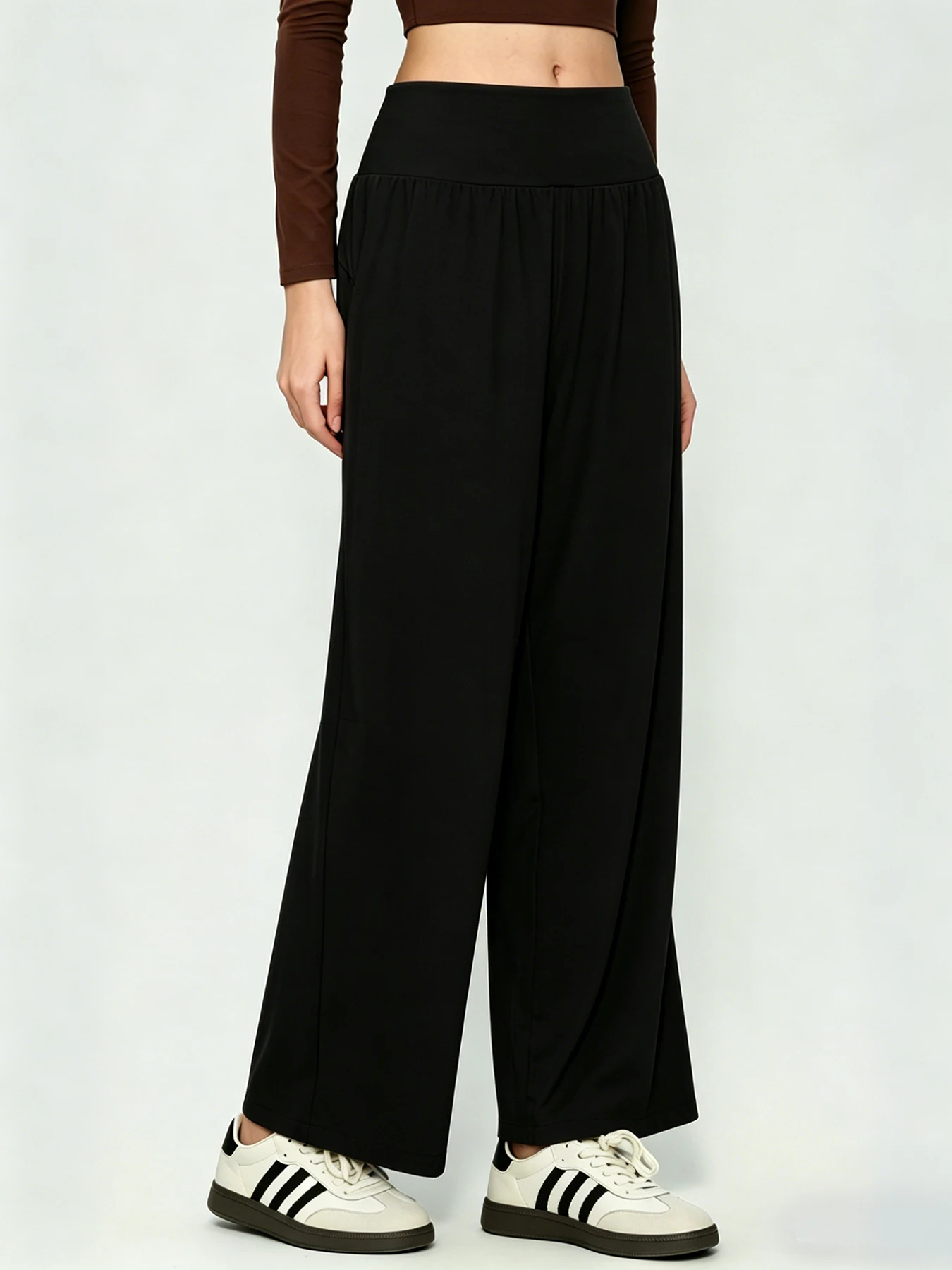 Ladies High-Waist Wide-Leg Yoga Pants with Invisible Pocket Tummy Control Soft Elastic Sport Fitness Casual Trousers