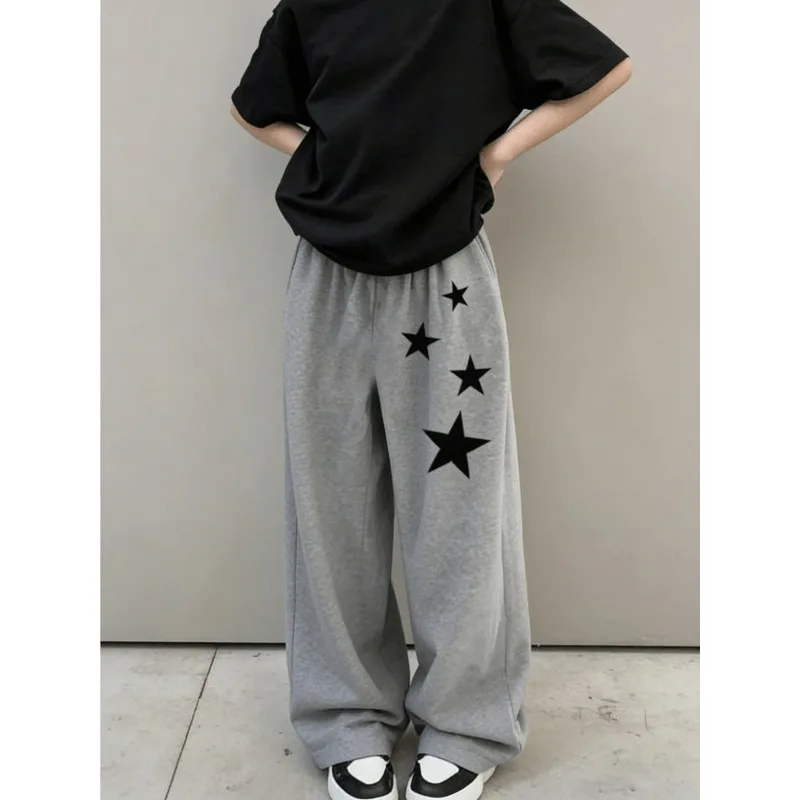 Girls' high waisted lace up casual pants/loose waistband, star and five pointed star prints, casual hip-hop street style