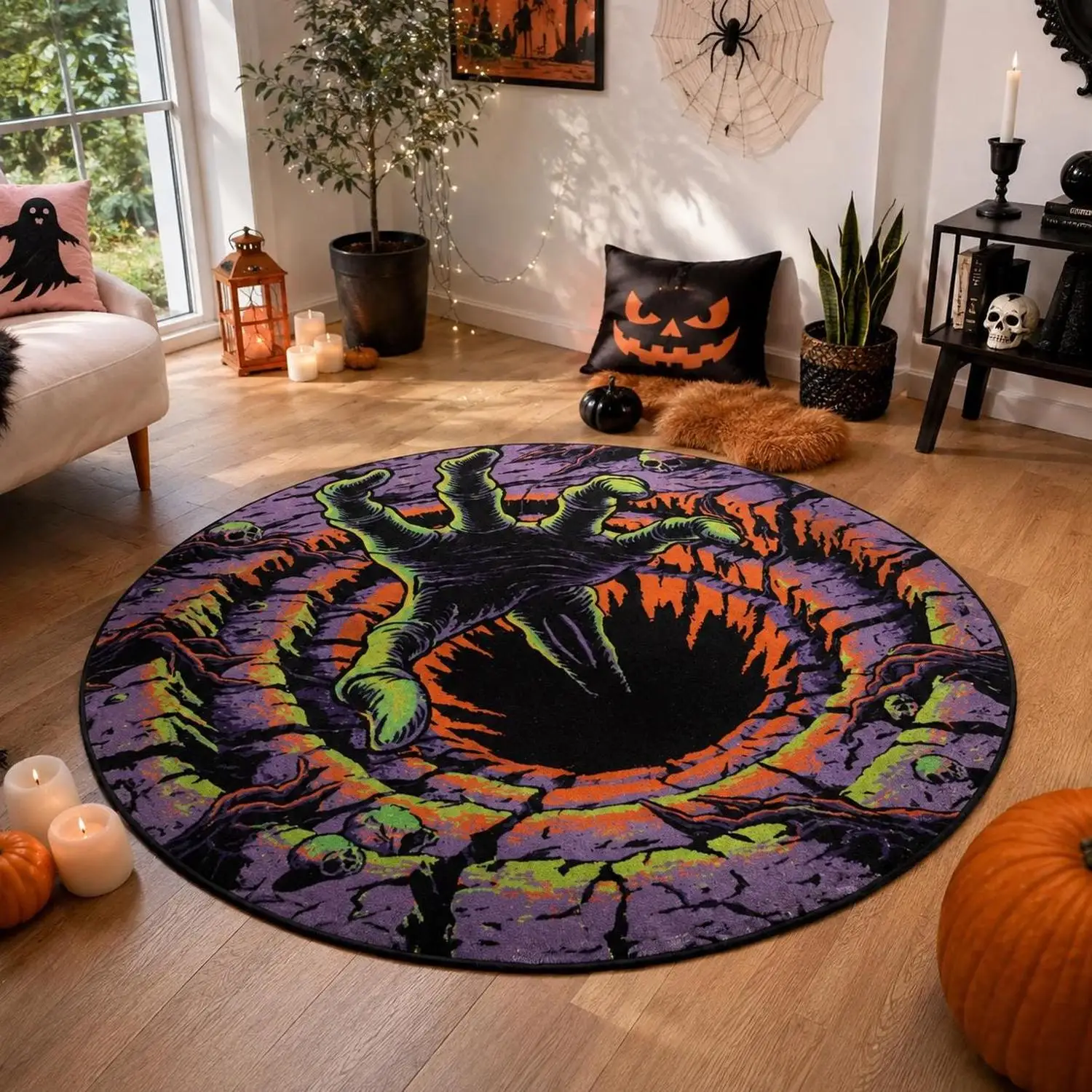 【Room Decoration Carpet】Zombie 3D Illusion Round Carpet, Halloween Horror Carpet, Spooky Graveyard Floor Mat, Gothic Creepy Carpet, Haunted Room Decoration