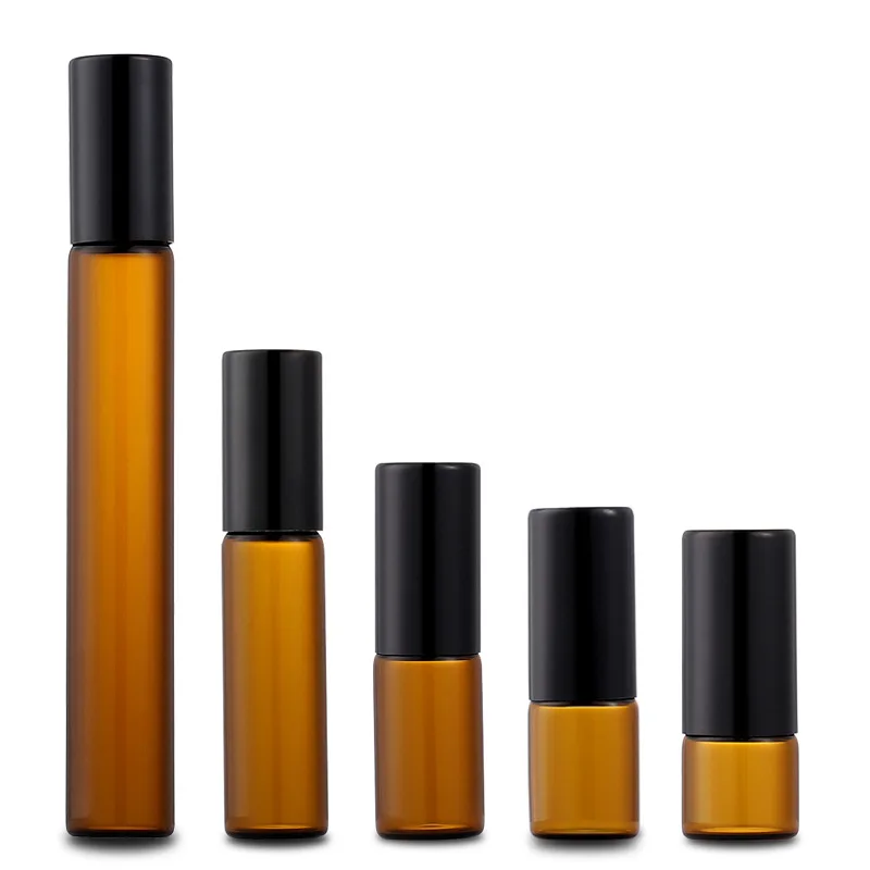 

100pcs 1ML 2ML 3ML 5ML 10ML Amber Glass Roller Bottle Doterra Roll On Essential Oil Vials Empty Perfume Bottles with Gold Cap