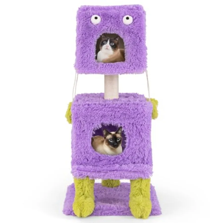 

Monster-Themed 3-Level Cat Tree with Sisal Scratching Posts Hanging Toys Private Condos for Indoor Cats Long Plush Cat Tower in