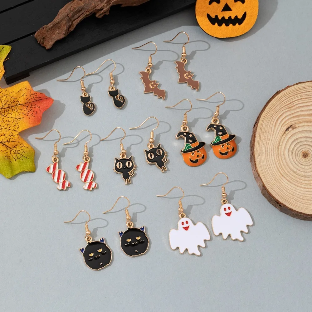 Trendy Cartoon Drip Glaze Pumpkin Devil Bat Ghost Black Cat Candy Dangle Earrings for Women Halloween Friends Jewelry Sets Gifts