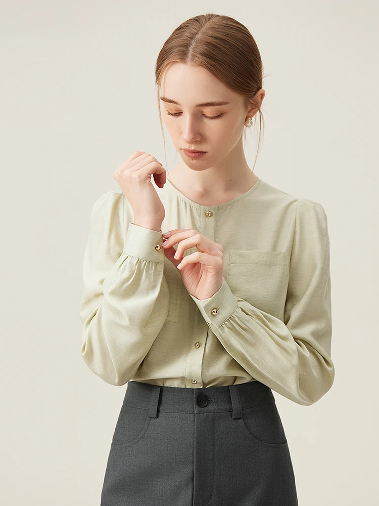 FSLE Round Neck Pocket Decoration Female Puff Long Sleeve Spring Green Blouses French Style Temperament Solid Shirt 24FS11053