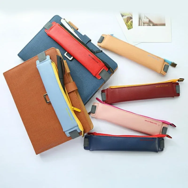 PU Leather Pen Bag com fivela elástica, Pen Case, Livro, Notebook, Escola, Reunião de escritório, Easy Carry, papelaria estudante, Moda