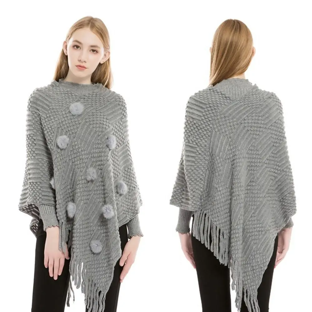 

New Imitation Cashmere Warm Shawl Plus Size Rabbit Fur Ball Wrap Cloak Solid Color Tassels Scarf