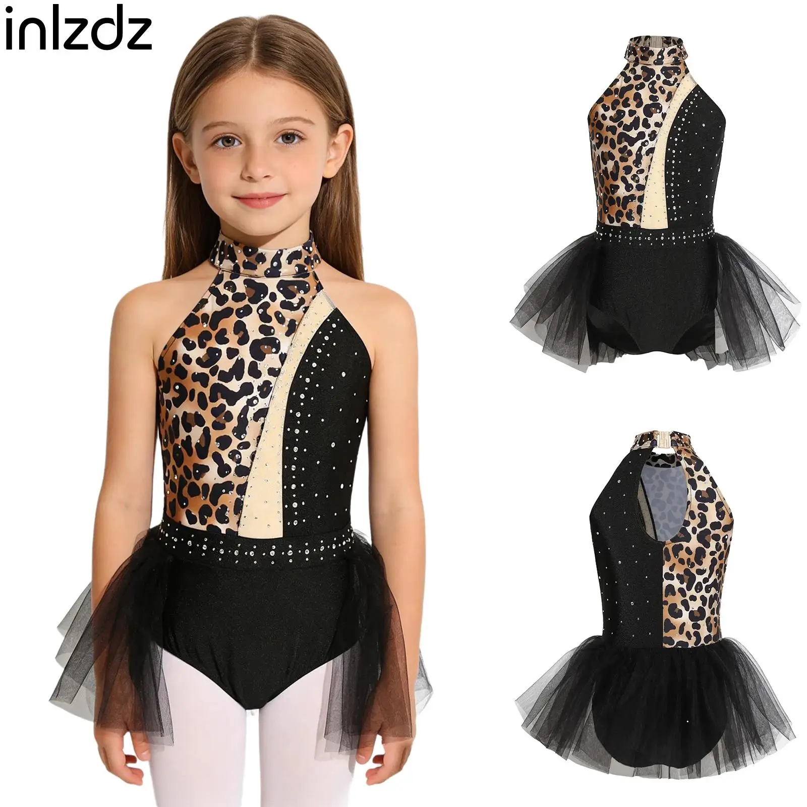 

Kids Girls Artist Lyric Tango Latin Dance Leotard Outfit Leopard Print Sleeveless Shiny Rhinestone Mesh Overlay Caveman Jumpsuit