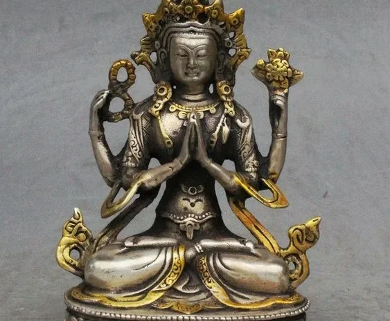 Tibet Silver Gilt 4 arms Chenrezig Avalokiteshvara Goddess GuanYin Buddha Statue