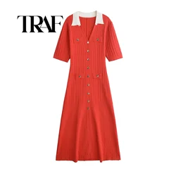 TRAF Red Hollow Out Women Knitted Long Dress Elegant Contrast Single Breasted Lapel Short Sleeves Dresses Lady Street