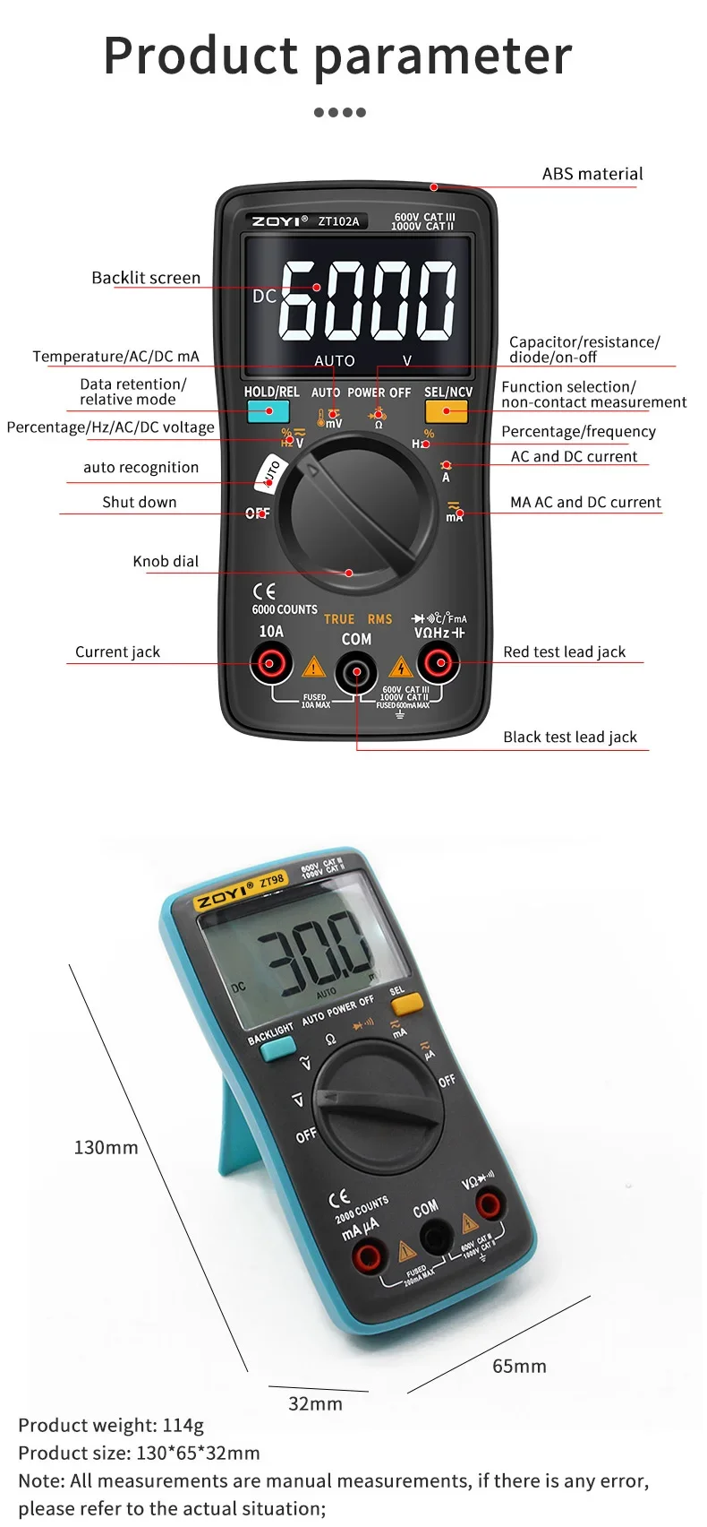 ZOYI Digitalmultimeter 6000 Count True Effective Value Multifunktions-Multimeter Voltmeter ZT-102A Serie Tragbarer Werkzeugtester – Detail 5